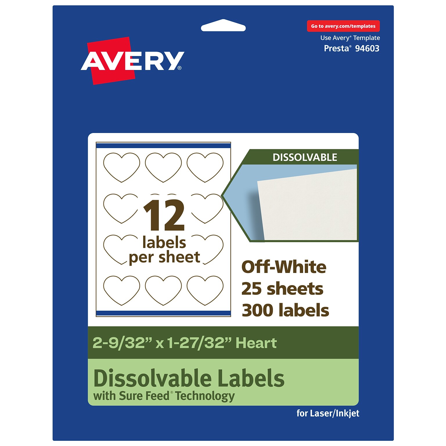 Avery Dissolvable Heart Shaped Multipurpose Labels, 2-9/32 x 1-27/32, Off-white, 300/Pack (94603)