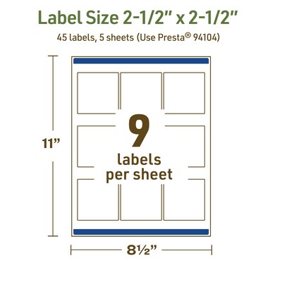 Avery Dissolvable Square Multipurpose Labels, 2.5" x 2.5", Off-white, 45/Pack (94104)