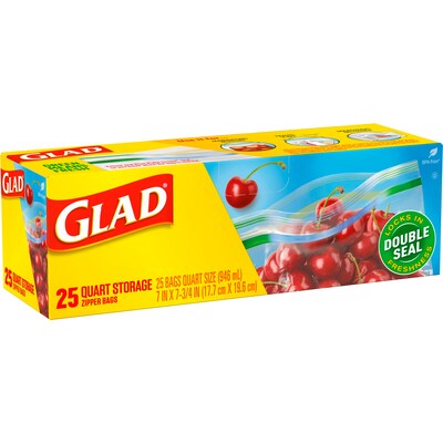 Glad Zipper Storage Bags, Quart, 25/Box (55052)