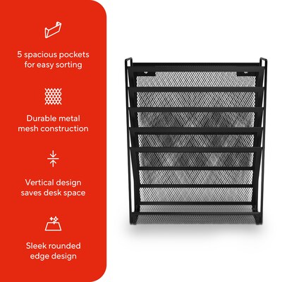 TRU RED Mesh Letter Wall File, 5-Pocket Hanging File Organizer, Black – Vertical Wall-Mounted Mail & Document Holder