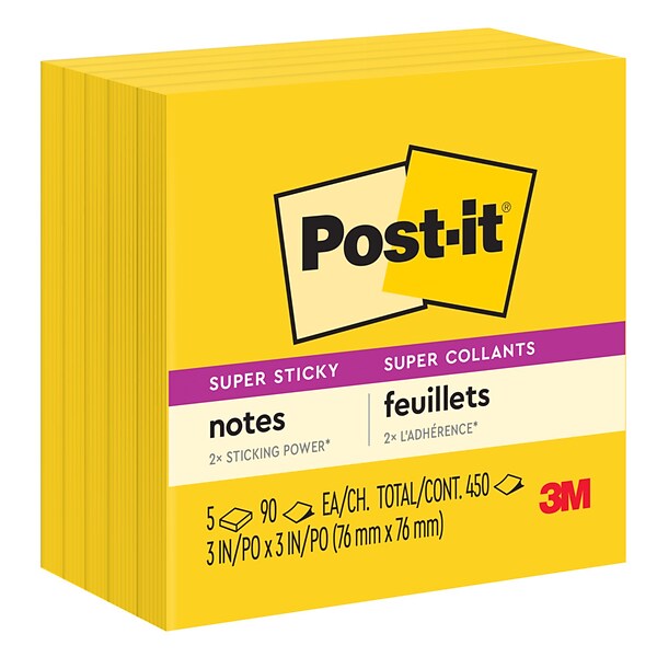 Post-it® Super Sticky Notes, 3 x 3, Electric Yellow, 90 Sheets/Pad, 5 Pads/Pack (654-5SSY)