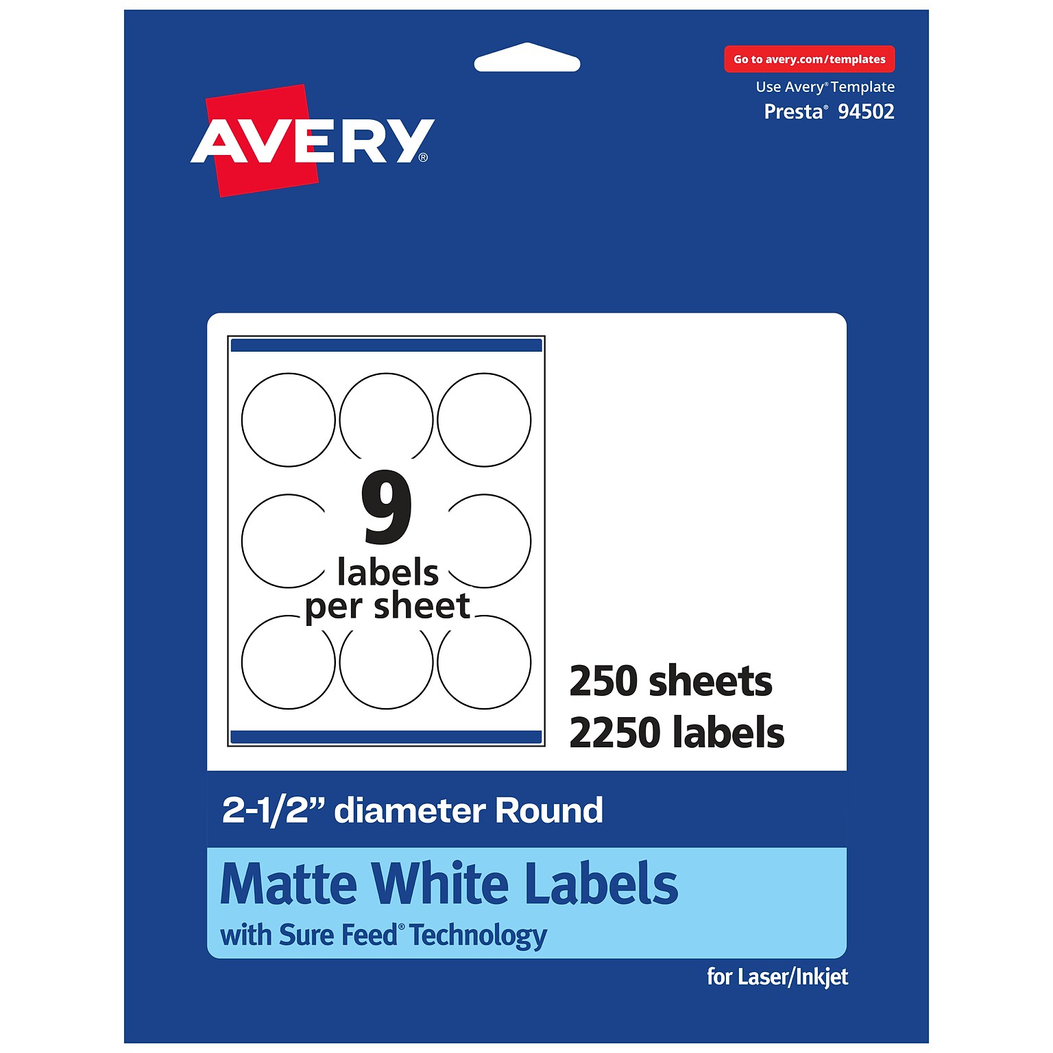 Avery Laser/Inkjet Round Multipurpose Labels, 2.5 Dia., White, 2250 Labels/Box (94502)
