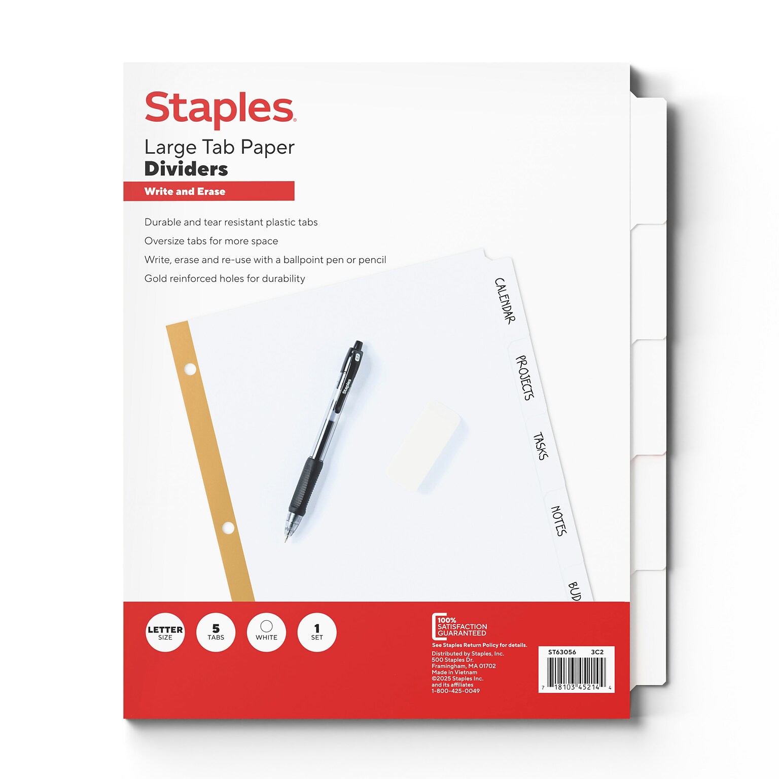 Staples Write & Erase Paper Dividers, White, 5-Tabs (ST63056)