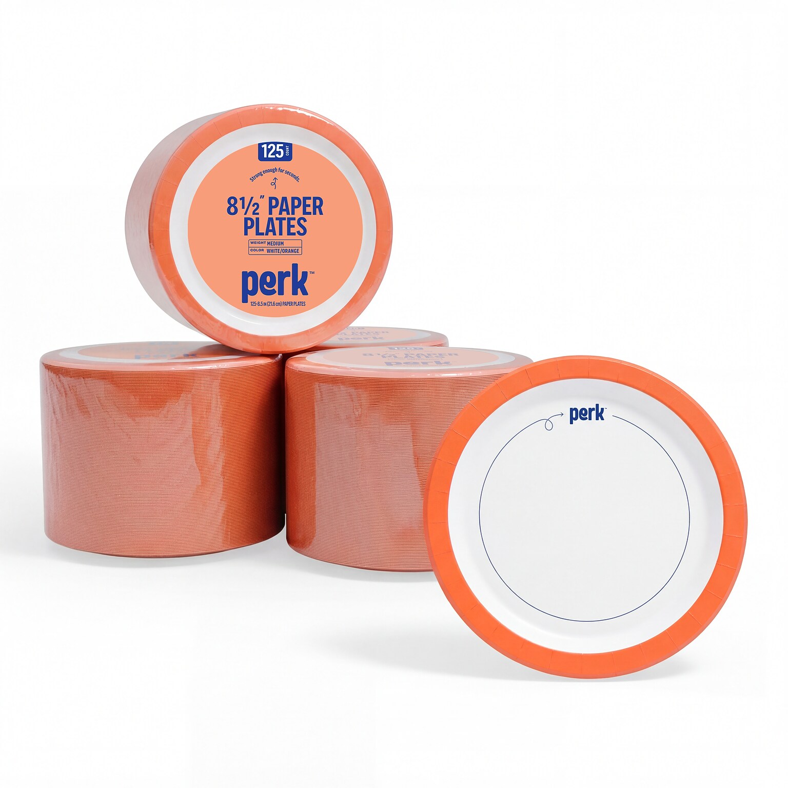 Perk™ Medium-Weight Paper Plates, 8.5, White/Orange, 500/Carton (PK54329CT)