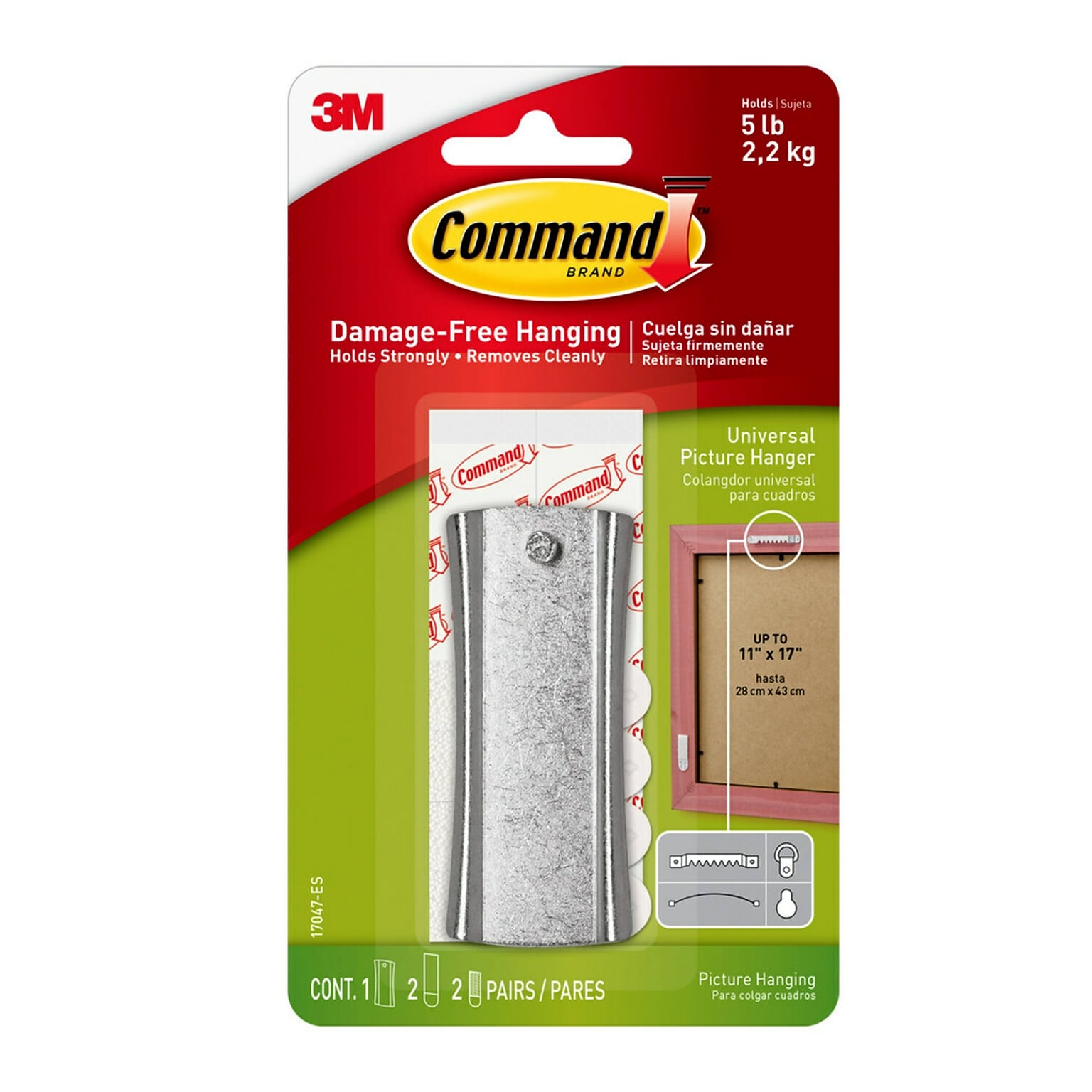 Command Large  Hanger w/ Stabilizer Strips, 5 lb., Silver (17047-ES)