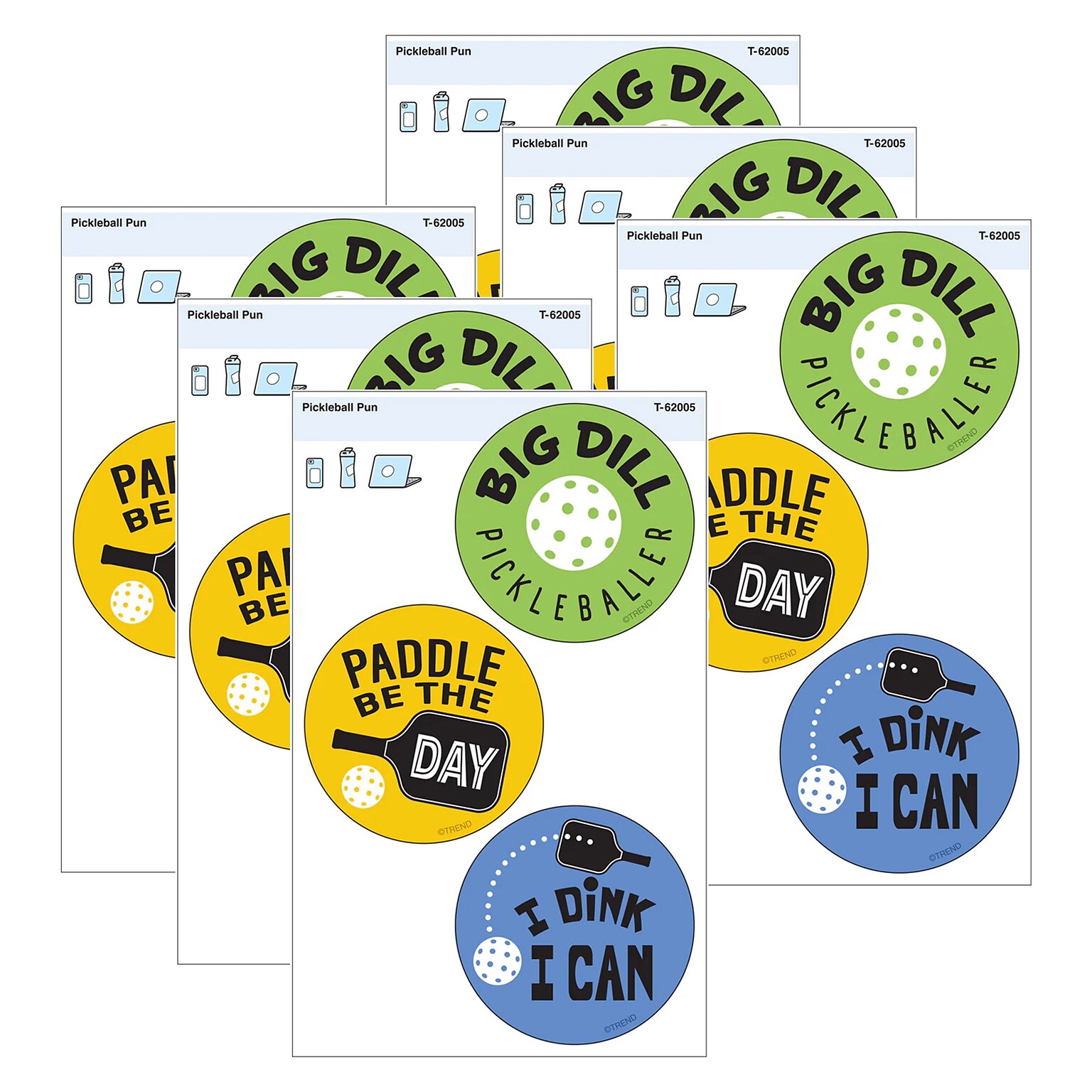 Trend Enterprises Pickleball Pun Vinyl Stickers, Multicolored, 3/Pack, 6/Packs/Bundle (T-62005-6)