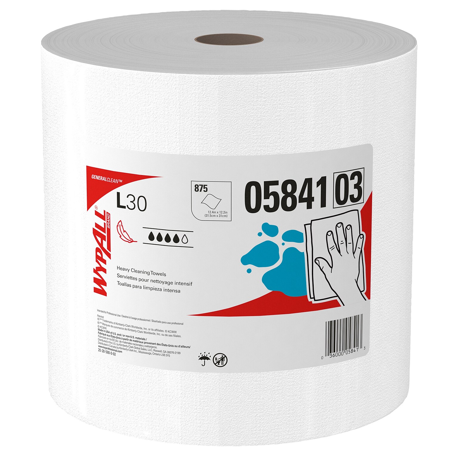 WypAll GeneralClean L30 Fabric Cleaning Wipers, 13.3 x 12.4, White, 875 Sheets/Roll, 875 Wipers/Box (5841)