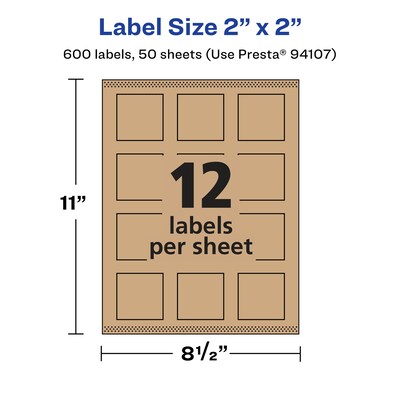 Avery Square Labels, 2" x 2", Kraft Brown, 600 Labels/Box (94107)