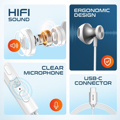 Delton 15EC Wired Earbuds & 2-in-1 USB-C Splitter Adapter Bundle, White (DWH15ECWHKT1)