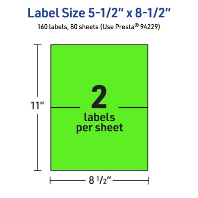 Avery Laser/Inkjet Multipurpose Rectangle Labels, 5.5" x 8.5", Neon Green, 160/Box (94229)