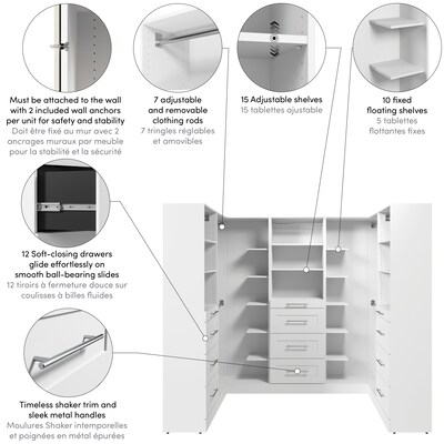 Bestar Florence U Shaped Walk-In Closet System, 15 Shelves, 12 Drawers, 100"W x 25"D, White (127640-000017)
