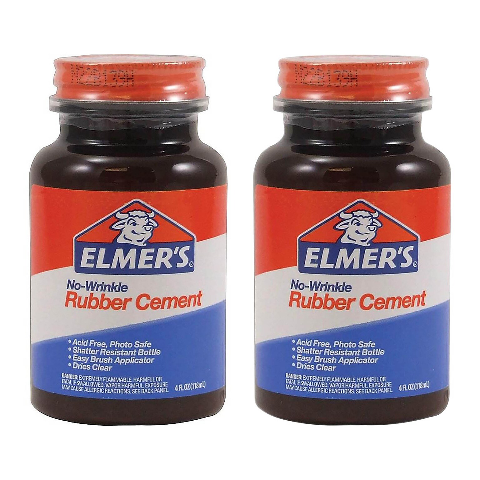 Two Each Elmers No-Wrinkle Rubber Cement, 4 oz. (E904)