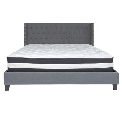 Flash Furniture Riverdale Tufted Upholstered Platform Bed in Dark Gray Fabric with Pocket Spring Mattress, King (HGBM48)