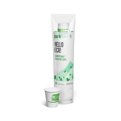 Perk™ Eco Compostable Paper Hot Cup, 10 Oz., White/Green, 50/Pack (PK56223)