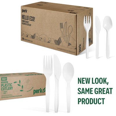Perk™ Eco Compostable PLA Assorted Cutlery, Medium-Weight, White, 360/Pack (PK56205)