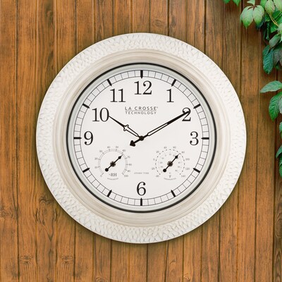 La Crosse Technology 21" Indoor/Outdoor Atomic Analog White-Washed Hammered Metal Wall Clock