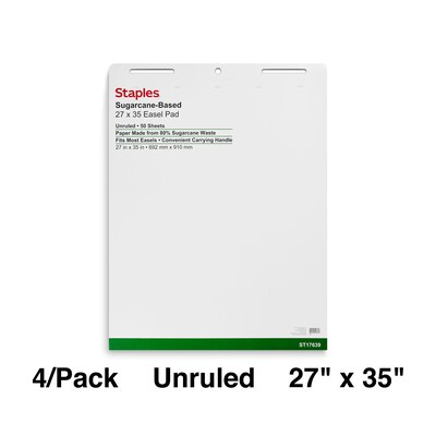 Sustainable Earth by Staples Sugarcane-Based Easel Pads, Plain, 27 x 36, 50 Sheets/Pad, 4/Ct