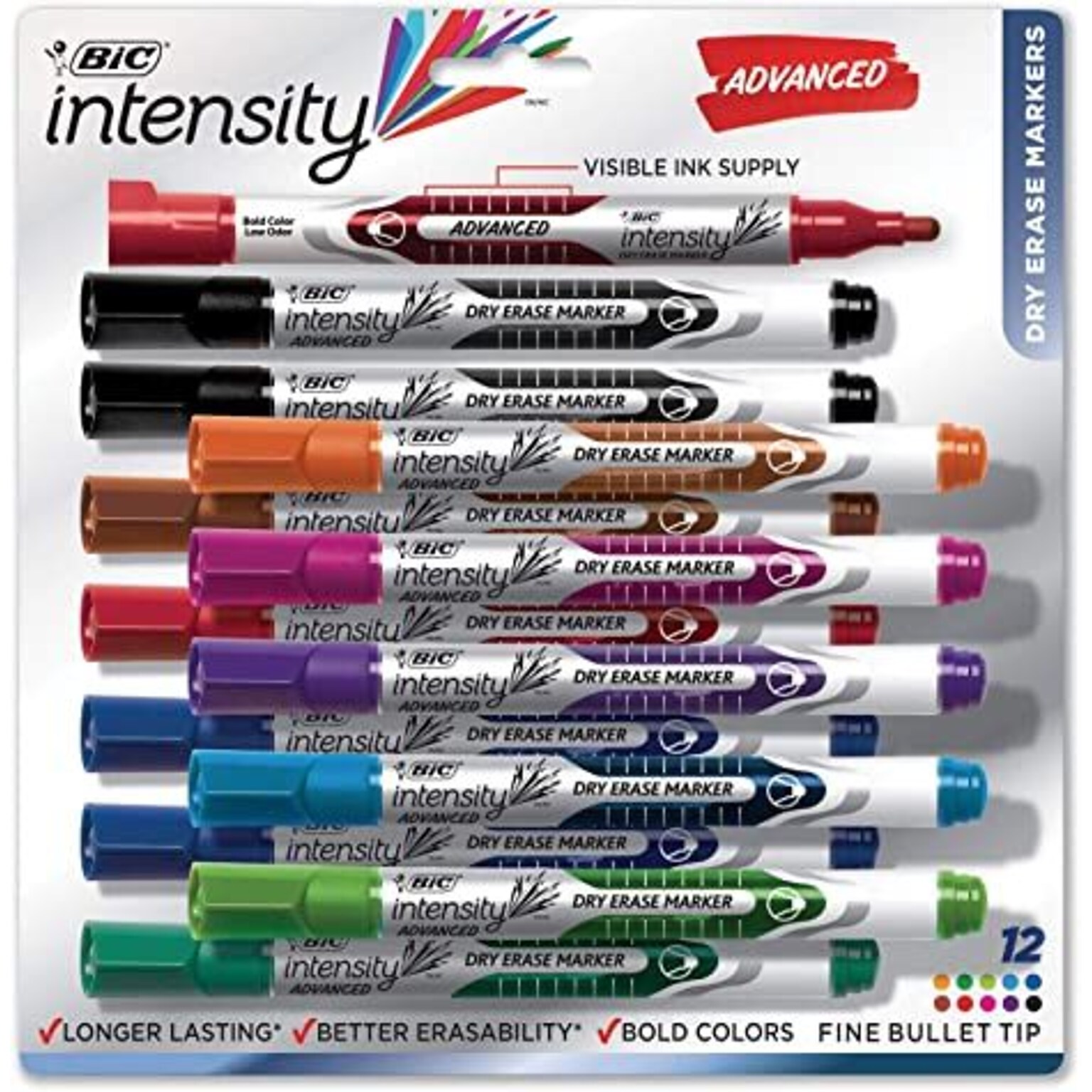 BIC Intensity Advanced Dry Erase Markers, Fine Bullet Tip, Assorted, 12/Pack (GELIPP121-AST)