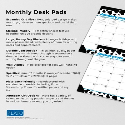 2026 Plato Cow Prints 15.5" x 11" Monthly Desk Pad Calendar (9798330700066)