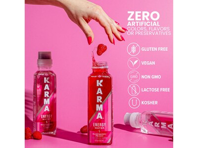 Karma Water Raspberry Peach Flavored Energy Water, 18 oz., 12 Bottles/Carton (8826)
