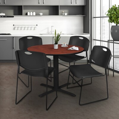 Regency Cain 36" Round Breakroom Table in Cherry With 4 Zeng Stack Chairs in Black (TB36RNDCH44BK)