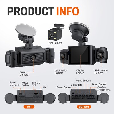 QORVIK K120 4-Channel Dash Cam with Front, Rear, and Dual Adjustable Interior Cameras and WiFi Connectivity, Black (QDCK120)