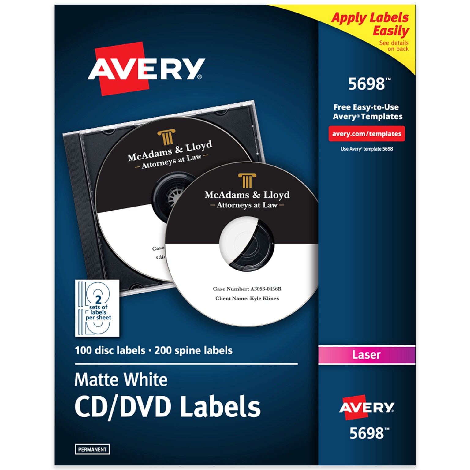 Avery Laser CD Labels, White, 2 Labels/Sheet, 50 Sheets/Pack, 100 Labels/Pack (5698)