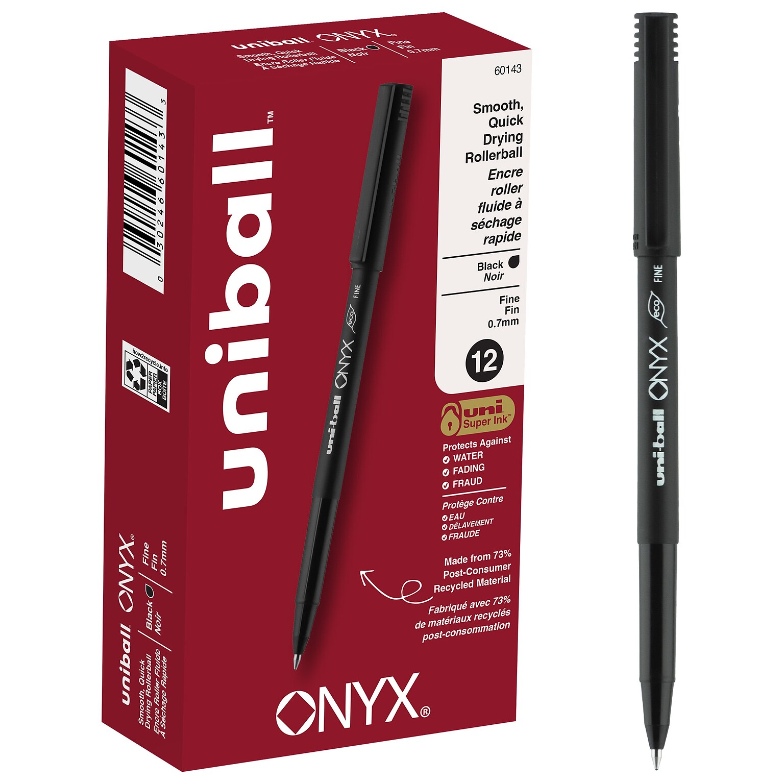 uni-ball Onyx Rollerball Pens, Fine Point, 0.7mm, Black Ink, Dozen (60143)