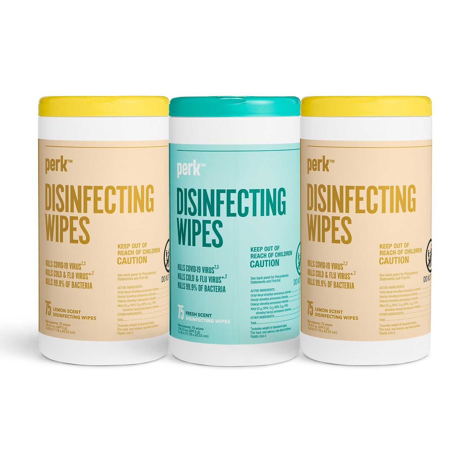 Perk™ Disinfecting Wipes Value Pack, 75 Wipes/Canister, 3 Canisters/Pack