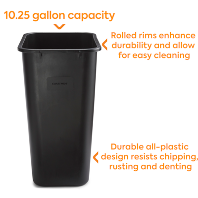 Coastwide Professional™ Indoor Trash Can Without Lid, Black Soft Molded Plastic, 10.25 Gallon (CW56433)