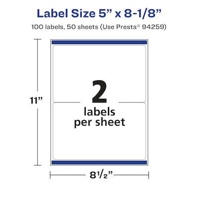 Avery Laser/Inkjet Multipurpose Labels, White, 2 Labels/Sheet, 50 Sheets/Pack (94259-WMP50)