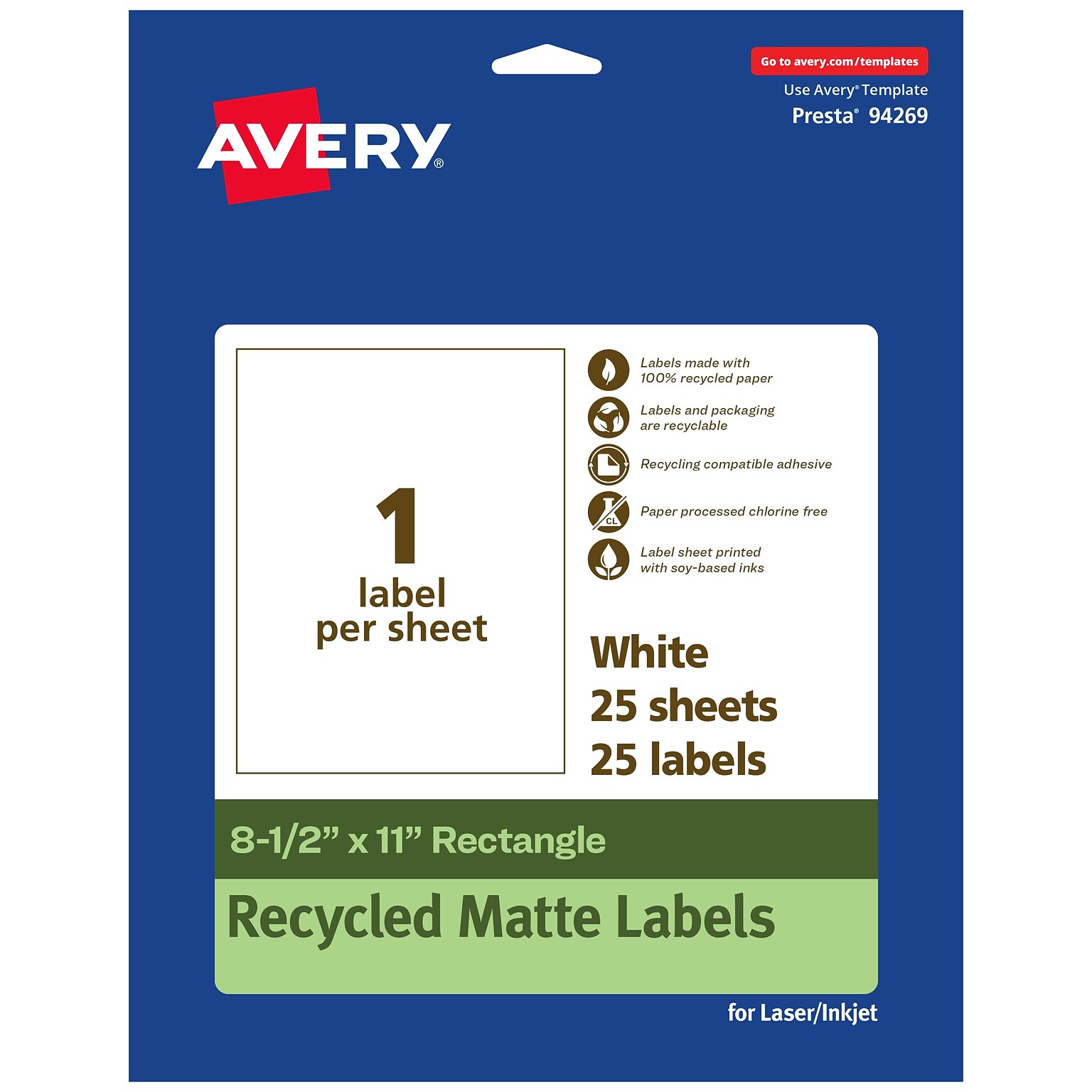 Avery EcoFriendly Laser/Inkjet Rectangle Multipurpose Labels, 8-1/2 x 11, White, 25/Pack (94269)