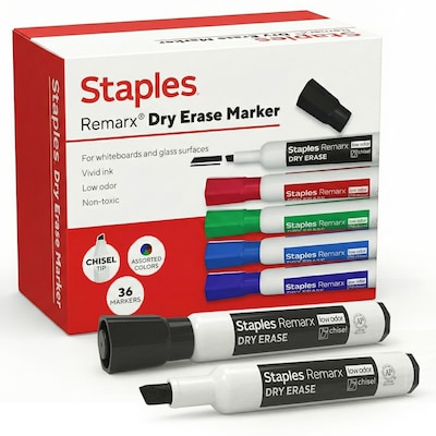 Staples Remarx Dry Erase Marker, Chisel Tip, Assorted, 36/Pack (ST62935)