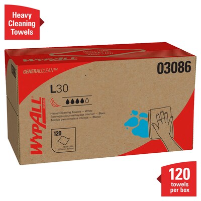 WypAll GeneralClean L30 Cleaning Cloths, 10" x 10.8", White, 12 Sheets/Box, 10 Boxes/Carton (03086)