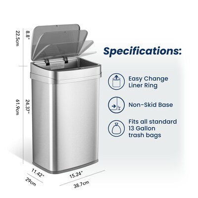 NineStars Stainless Steel Indoor UV Odor Neutralizing Automatic Sensor Trasn Can, 13.2 Gallons, Silver (ONT-50-81SL)