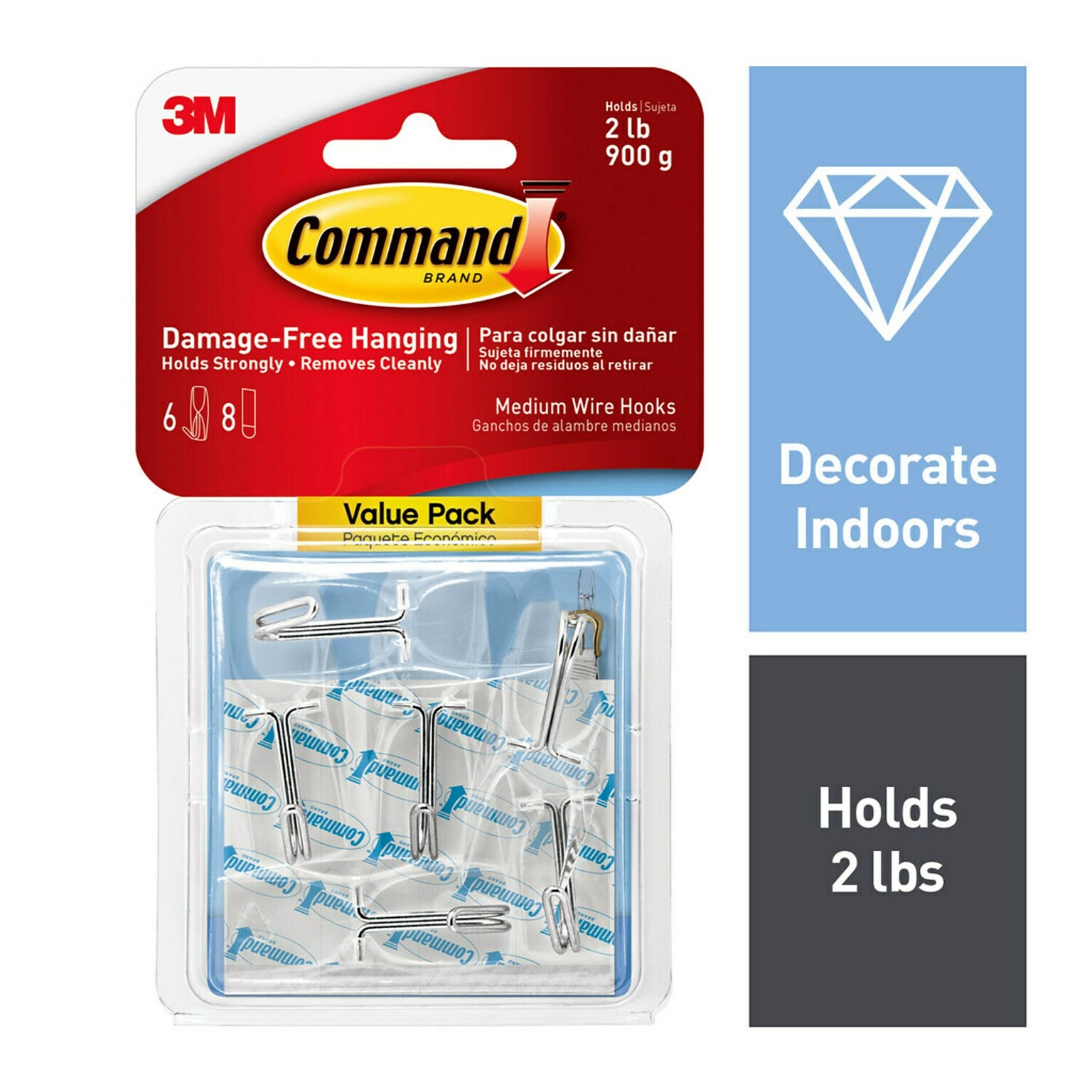 Command Damage Free Medium Hook, 2 lb, Clear, 6/Pack (17065CLR-VPES)