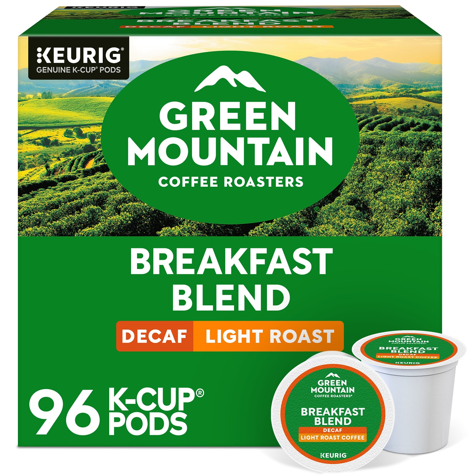 Green Mountain Breakfast Blend Decaf Coffee Keurig® K-Cup® Pods, Light Roast, 96/Carton (7522)