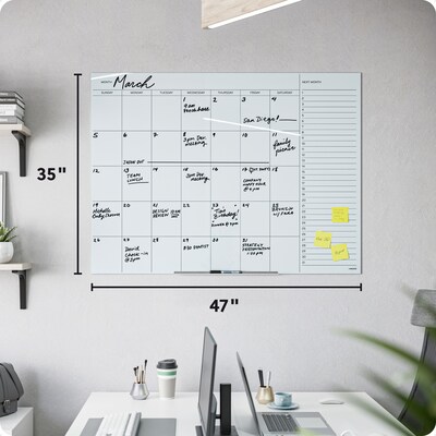 U Brands Floating Glass Dry Erase Calendar Board, Frameless, 47 x 35, White Frosted Surface (2776U