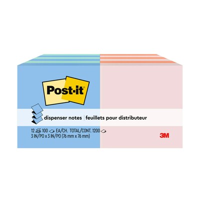 Post-it Pop Up Sticky Notes, 3 x 3 in., 12 Pads, 100 Sheets/Pad, The Original Post-it Note, Alternating Pastel Colors