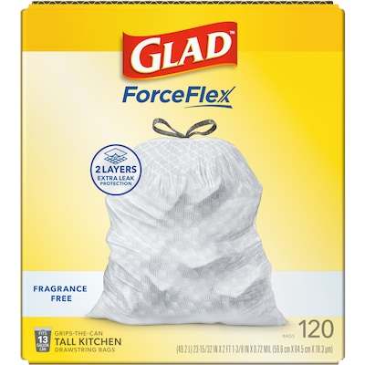 Glad ForceFlex Tall 13 Gallon Drawstring Kitchen Trash Bag, White, 120 Total Bags (78555)