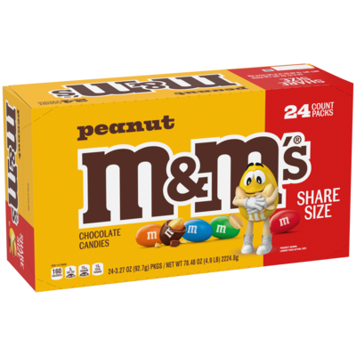 M&Ms Sharing Size Peanut Milk Chocolate Pieces, 3.27 oz., 24 Bags/Box (MMM04432)
