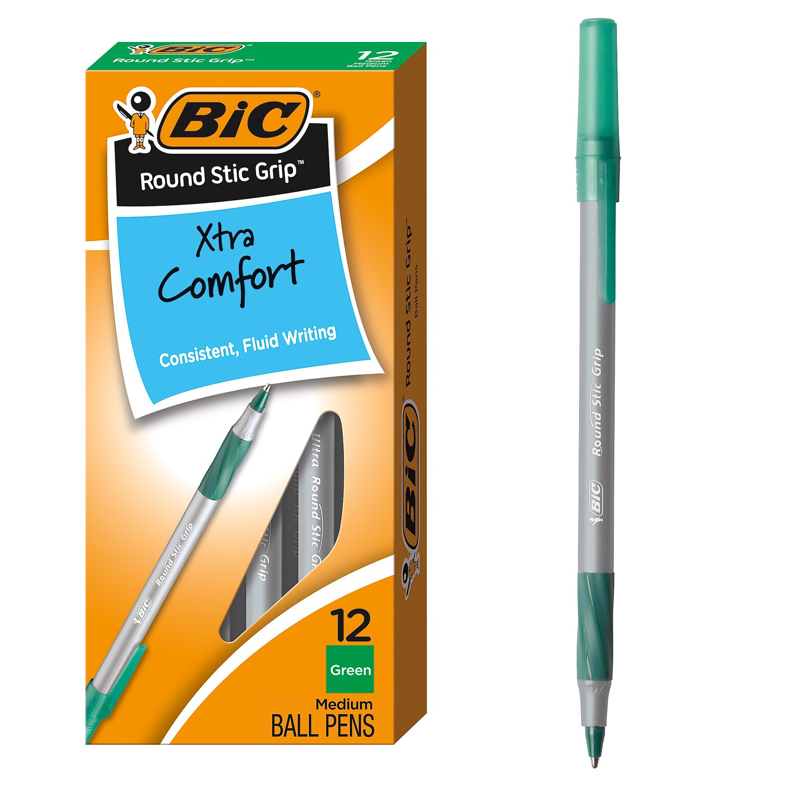 BIC Round Stic Grip Xtra Comfort Ballpoint Pens, Medium Point, Green Ink, Dozen (13888)