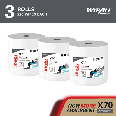WypAll PowerClean X70 Cloths, 9.75 x 13, White, 220 Sheets/Roll, 3 Rolls/Carton (83571)