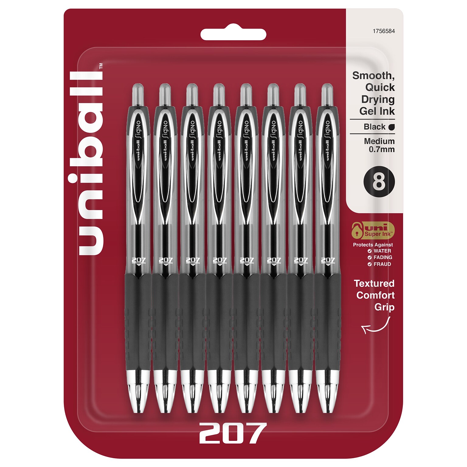uni-ball 207 Retractable Gel Pens, Medium Point, 0.7mm, Black Ink, 8/Pack (1756584)