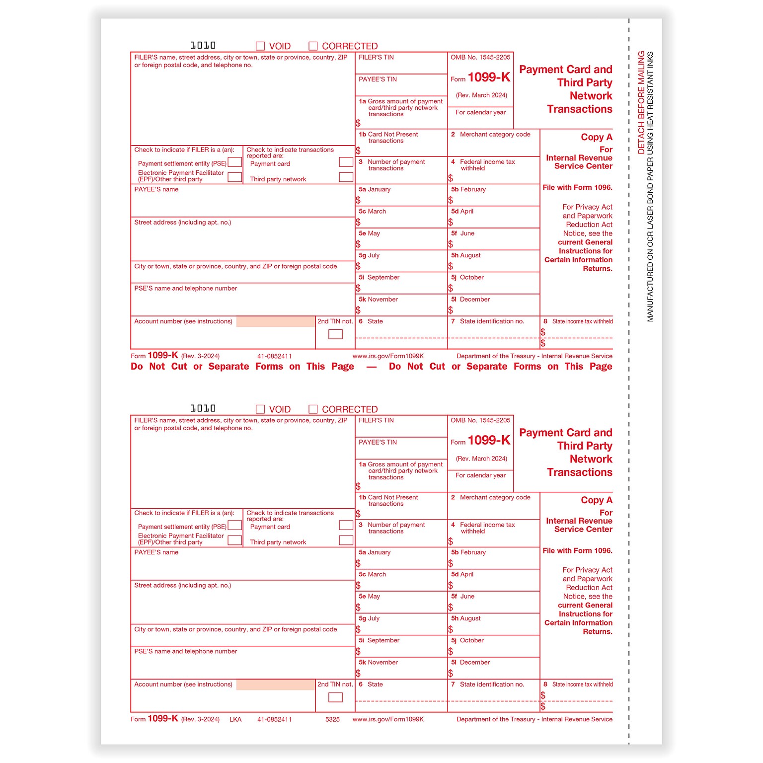 ComplyRight 2024 1099 Tax Form, 2-Part, 2-Up, Copy A, 100/Pack (5325)