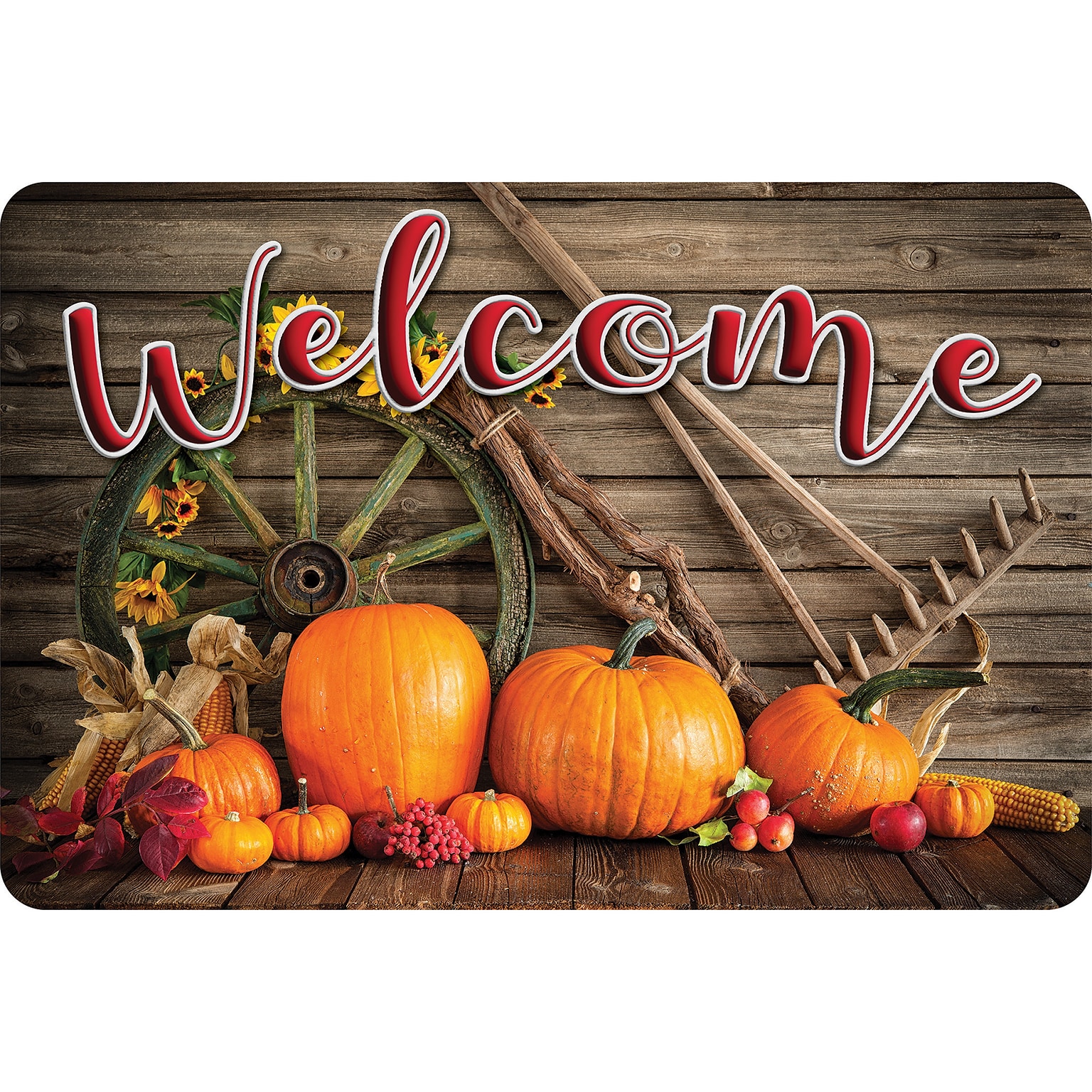 Ashley Productions The Original Fun Mat, Welcome Mat, 15.5 x 23.5, Harvest Wheel Rake Welcome (ASH91571)