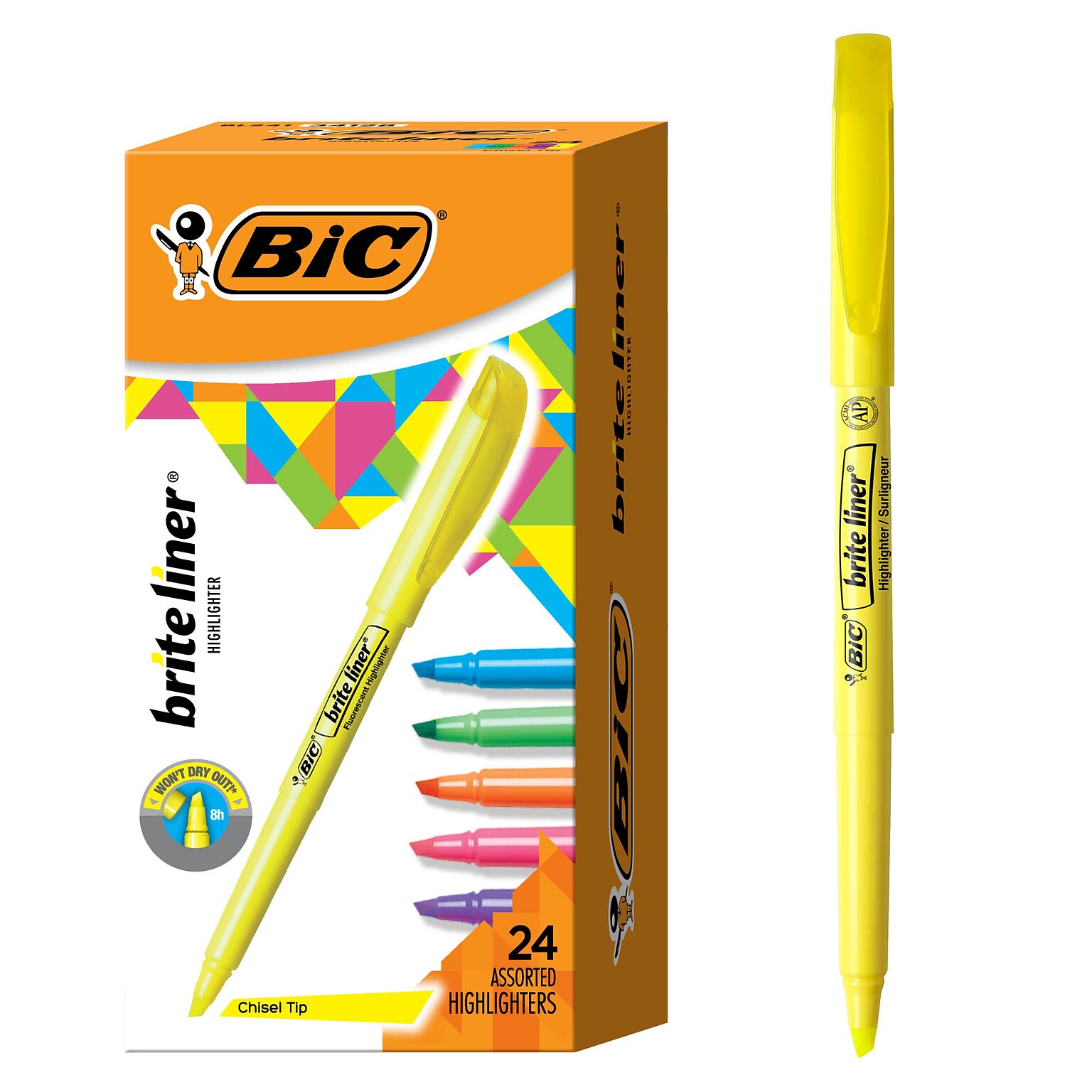 BIC Brite Liner Stick Highlighter, Chisel Tip, Assorted, 24/Pack (BL241AST)