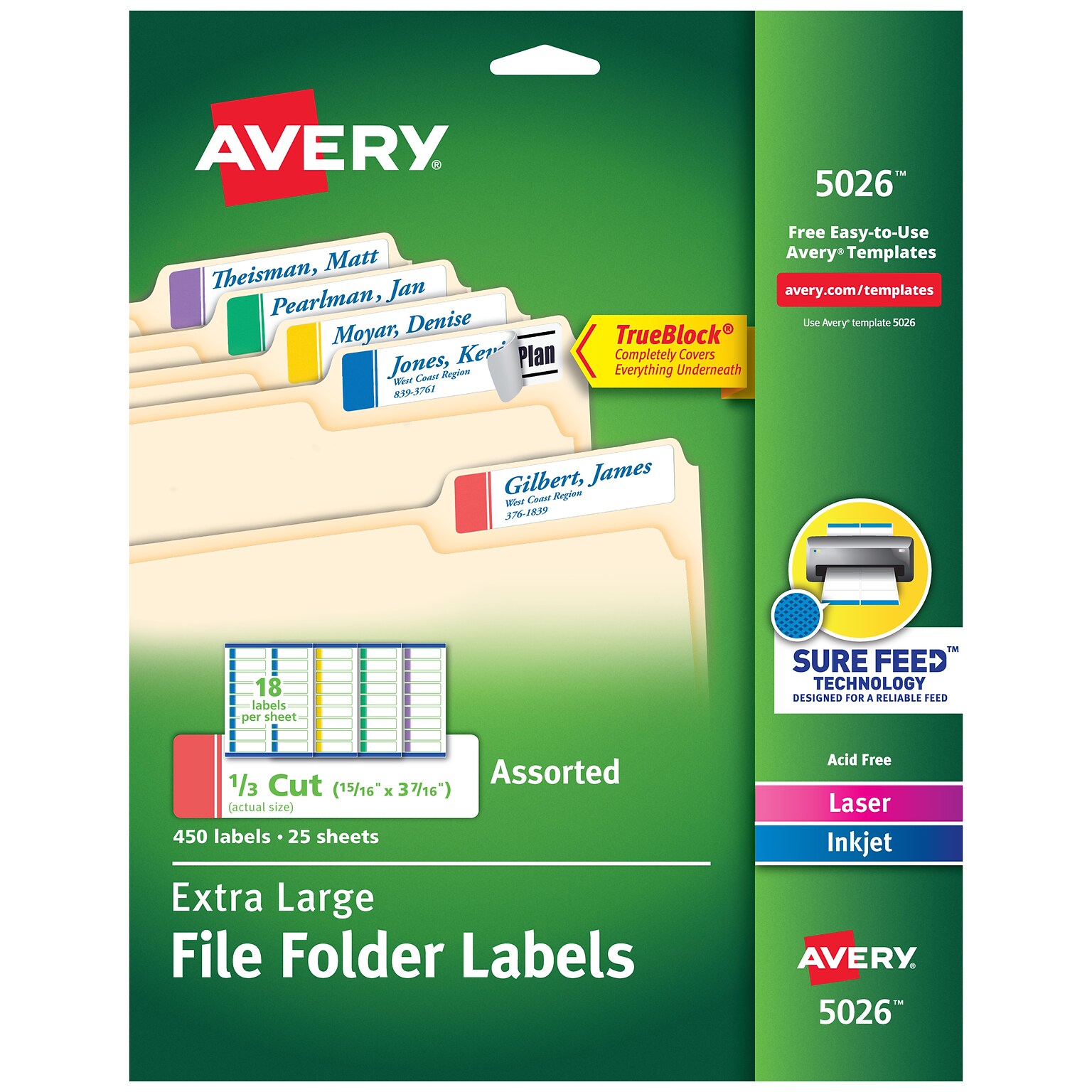 Avery TrueBlock Laser/Inkjet Extra Large File Folder Labels, 15/16 x 3-7/16, Assorted Colors, 450 Labels/Pack (5026)
