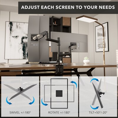 Mount-It! ProFlex Adjustable Heavy-Duty Dual Monitor Mount with Pole & Gas Spring Arms, Fits 17"– 49" Ultrawide Screens, Black