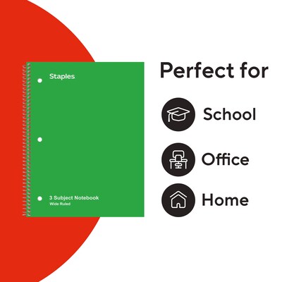 TRU RED 3-Subject Notebook, 8” x 10.5”, Wide Ruled, 120 Sheets, Assorted Colors, 3-Pack